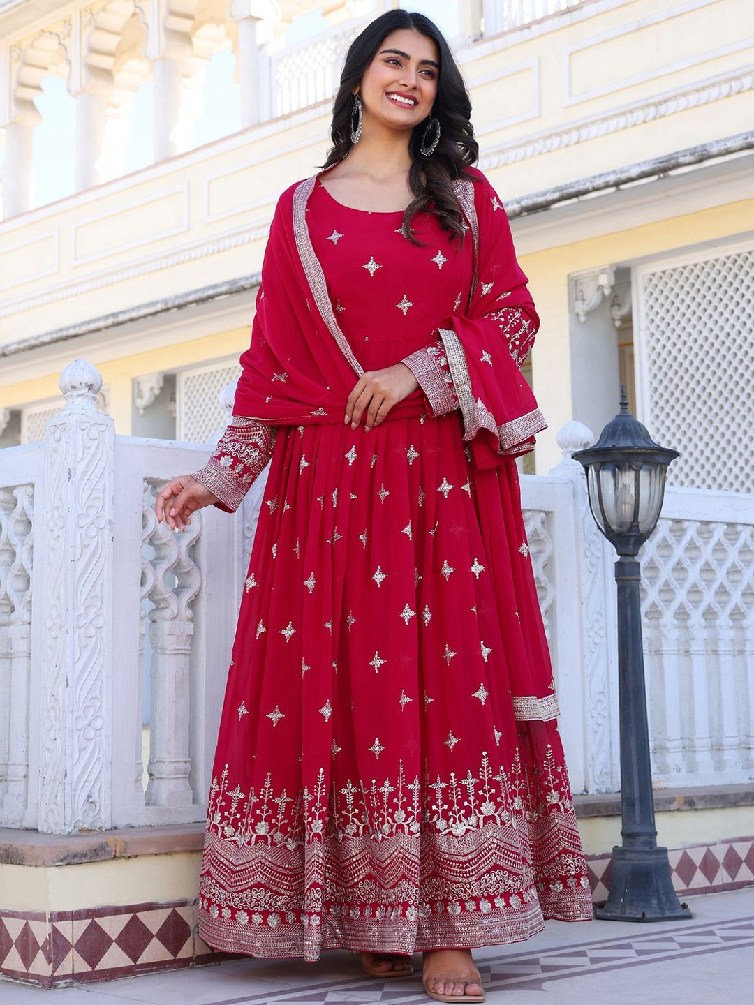 

KALINI Embroidered Round Neck Ethinc Dress With Dupatta, Pink
