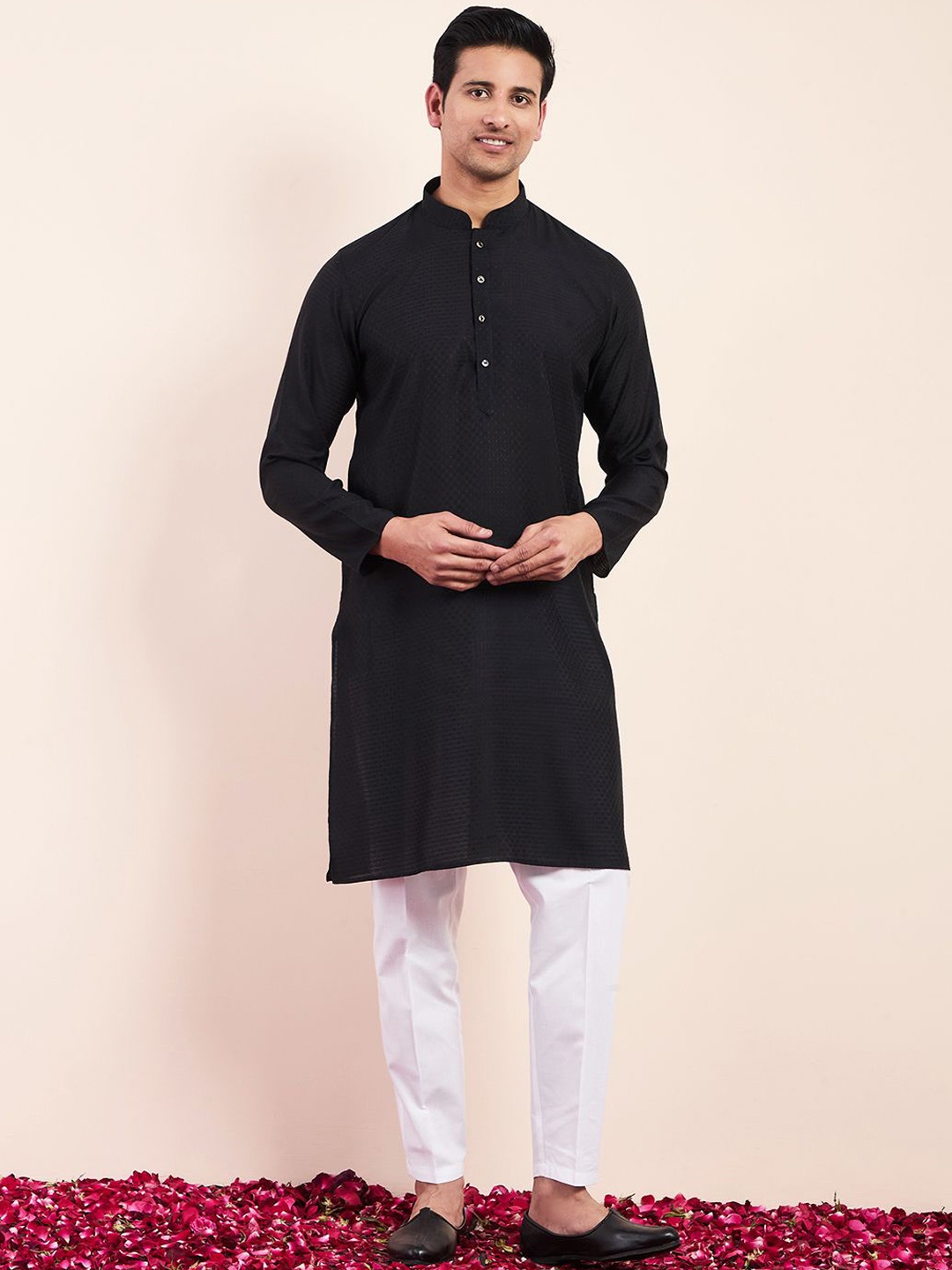 

Satwaa Floral Woven Design Mandarin Collar Cotton Straight Kurta, Black