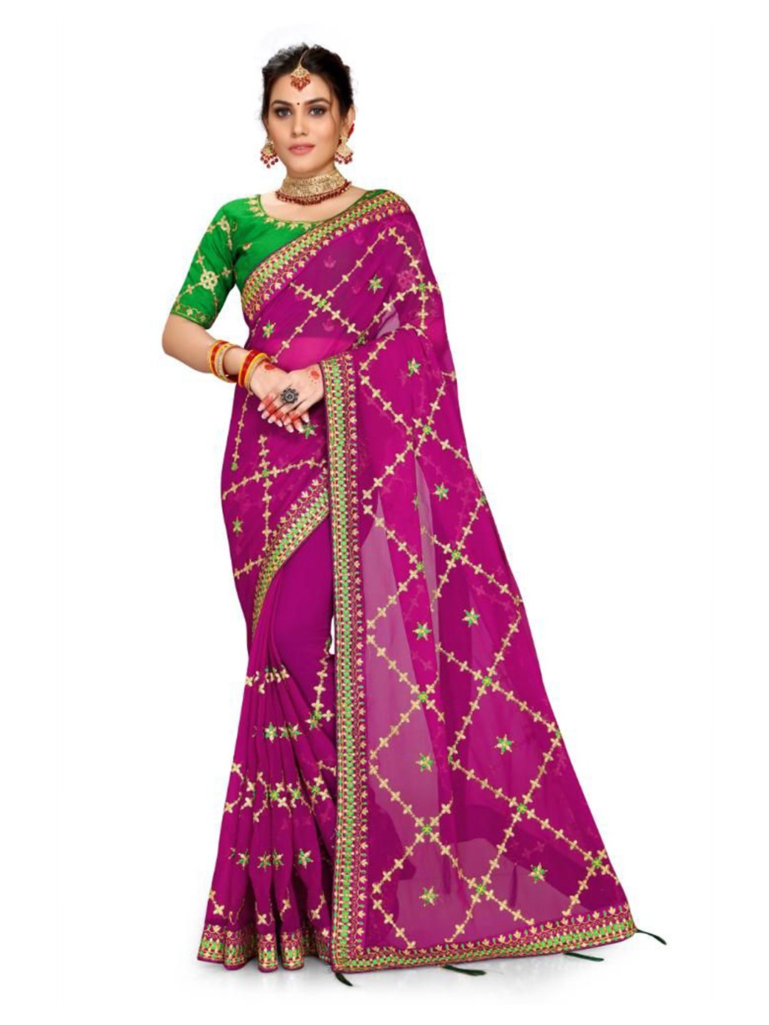 

AKSH FASHION Embroidered Pure Georgette Saree, Pink