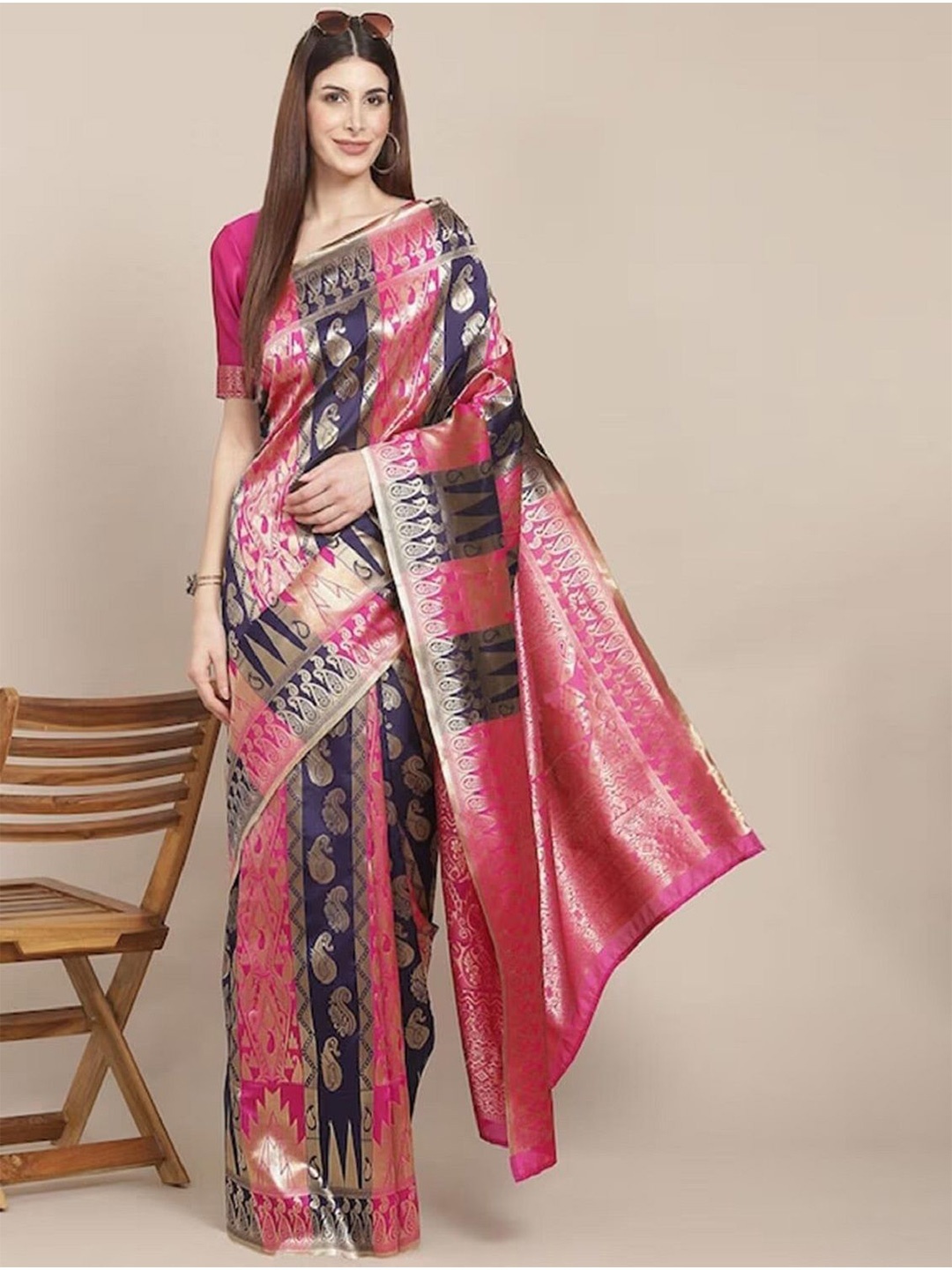 

KALINI Woven Design Poly Georgette Banarasi Saree, Pink