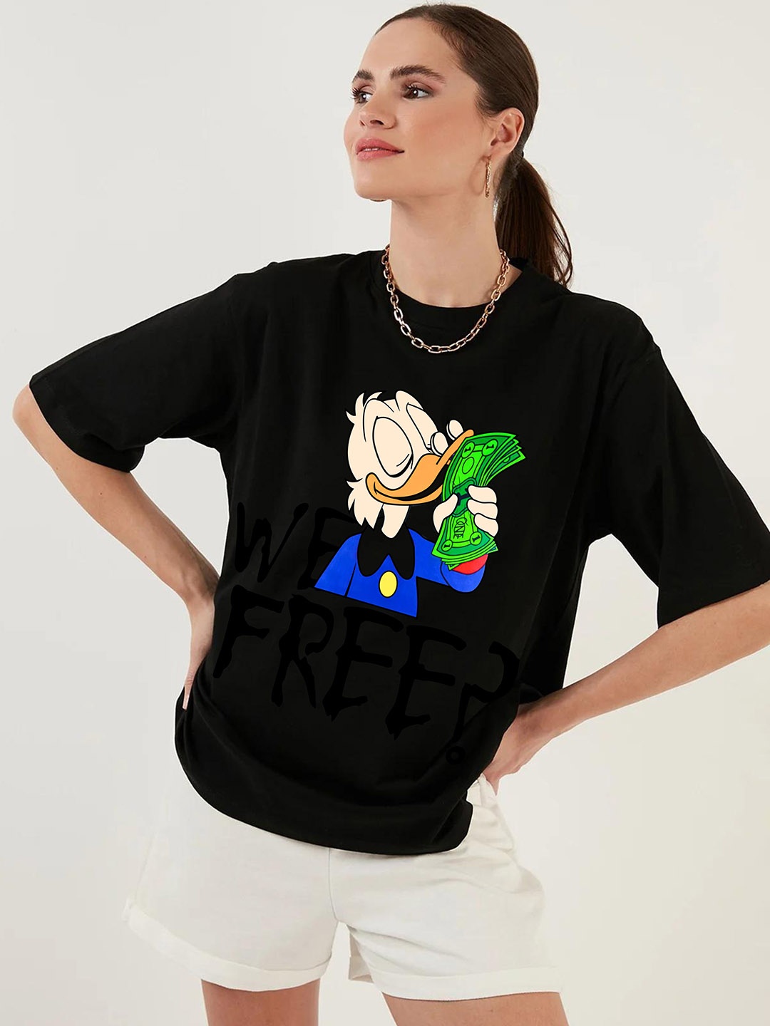 

RAYACLOSET Women Printed Extended Sleeves Applique T-shirt, Black