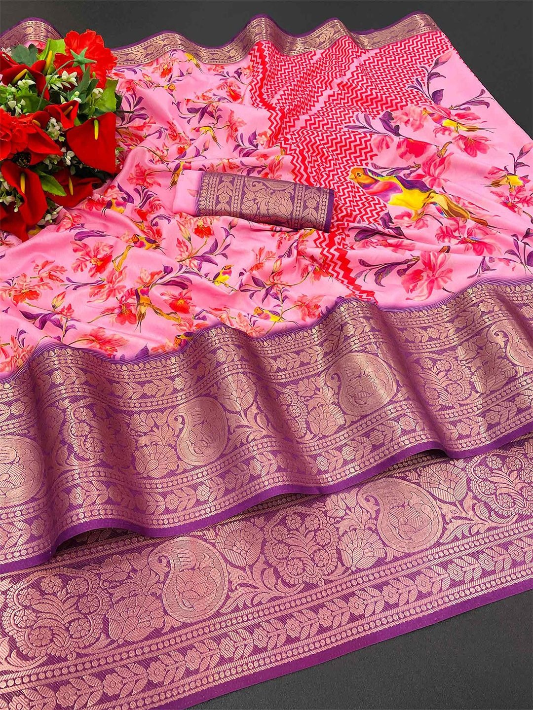 

Peachmode Floral Zari Pure Silk Saree, Pink