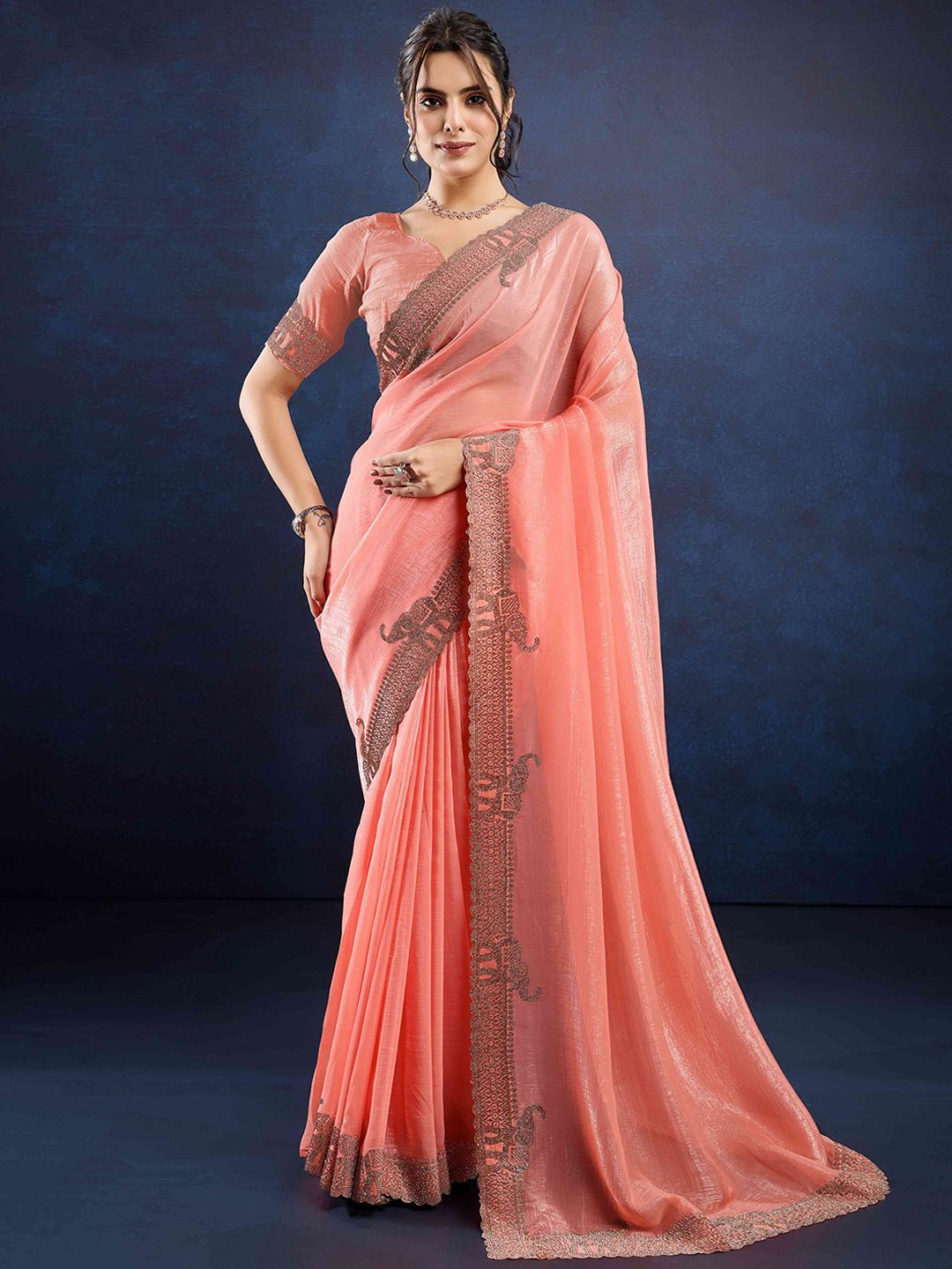 

Peachmode Embellished Beads and Stones Pure Silk Saree, Peach