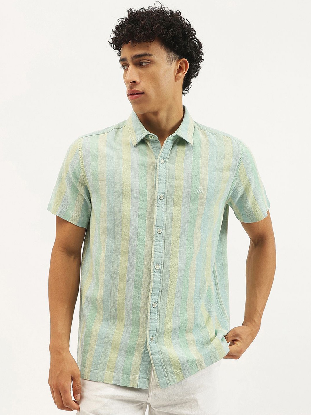 

United Colors of Benetton Men Opaque Striped Casual Shirt, Green