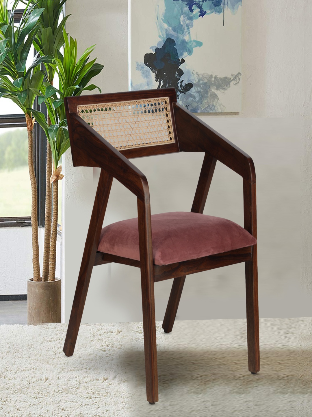 

GLOBALLY INDIAN Burgundy & Brown Cane-Back Wooden Accent-Style Aem Lounge Chair