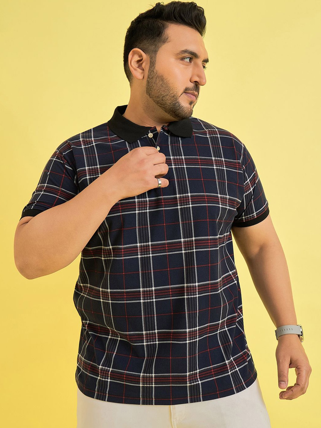

bigbanana Men Checked Polo Collar Bio Finish Pockets T-shirt, Navy blue
