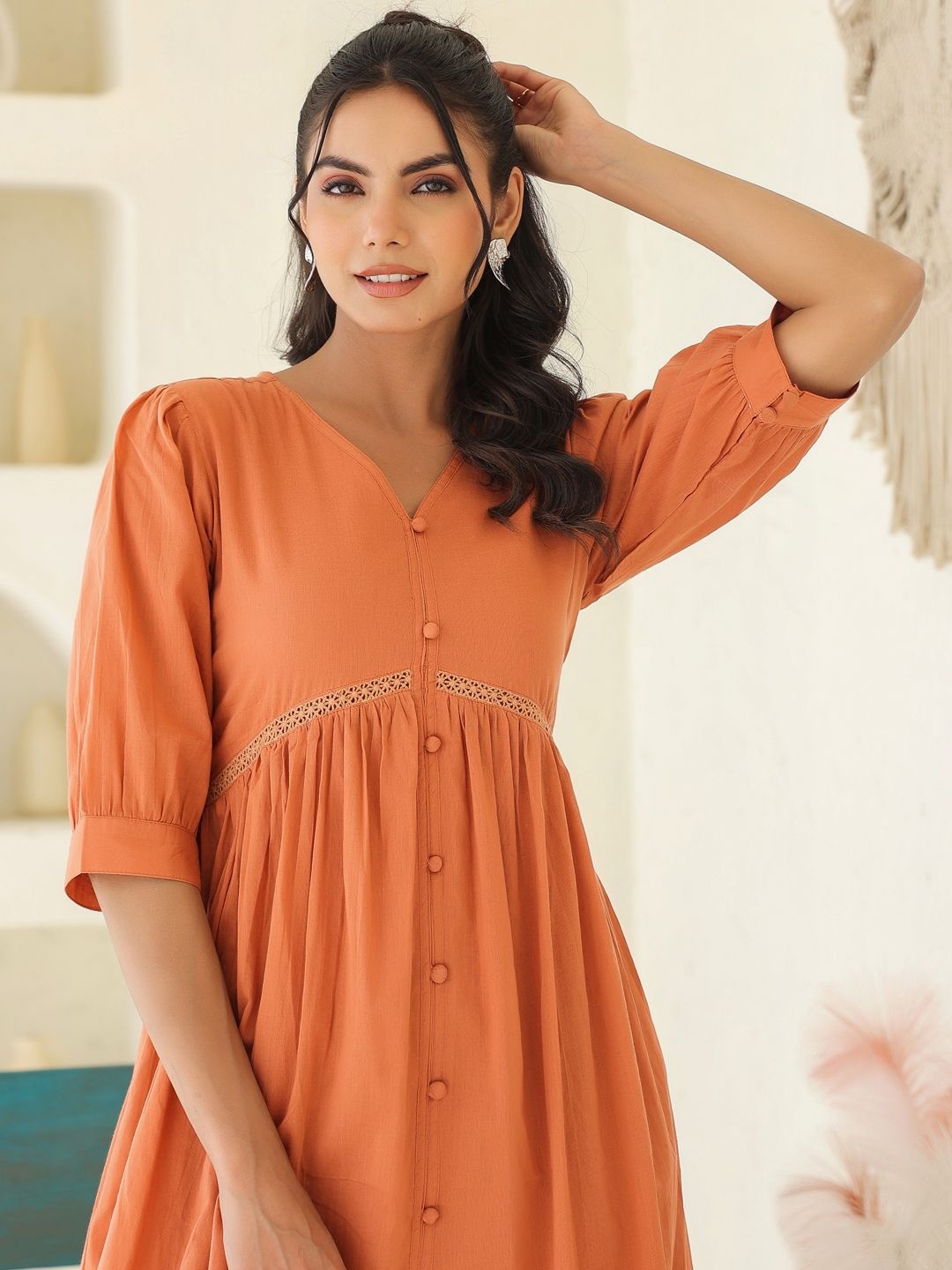 

Janasya Women Coral Orange Pure Cotton Solid Flared Dress