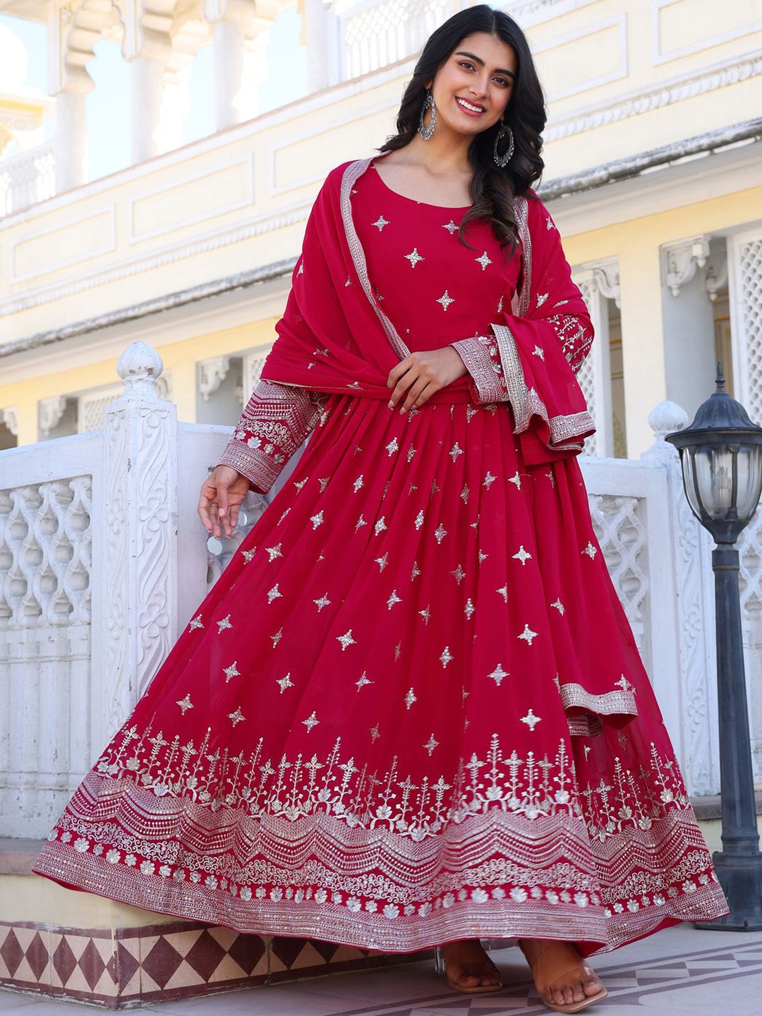 

KALINI Embroidered Round Neck Ethinc Dress With Dupatta, Pink