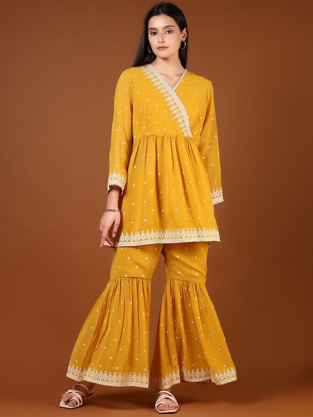 

V-Mart Women Embroidered Angrakha Beads and Stones Pure Cotton Kurti with Sharara, Yellow