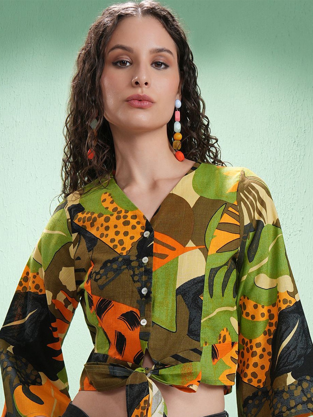 

Vishudh Print Flared Sleeve Cotton Crop Top, Green