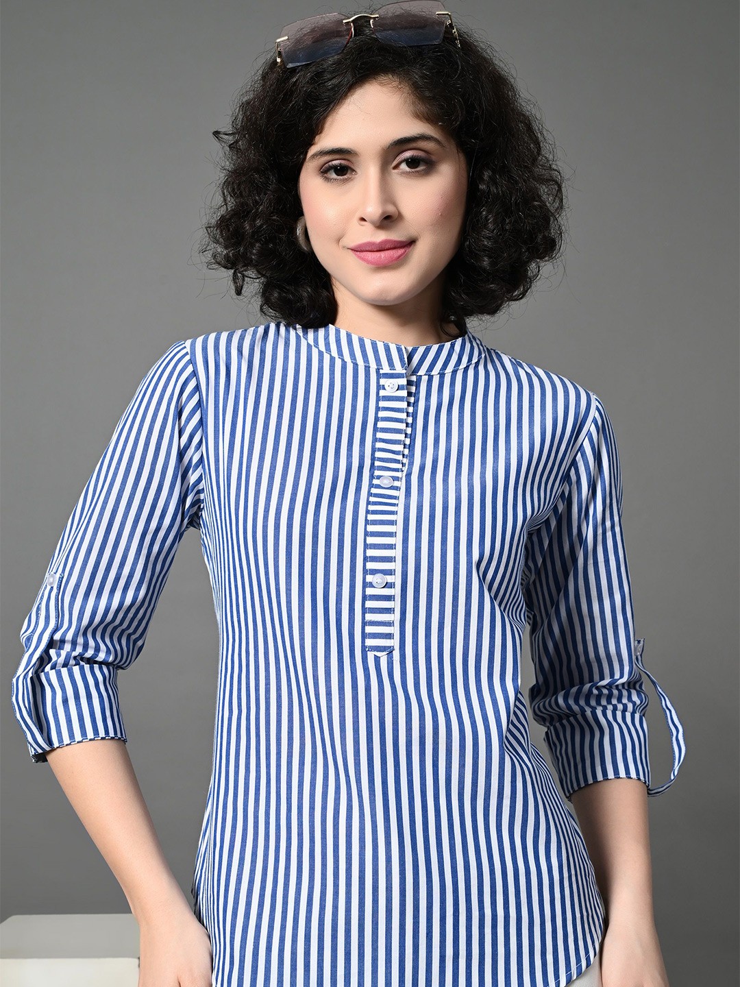 

CORSICA Striped Mandarin Collar Roll-Up Sleeves Cotton Top, Navy blue