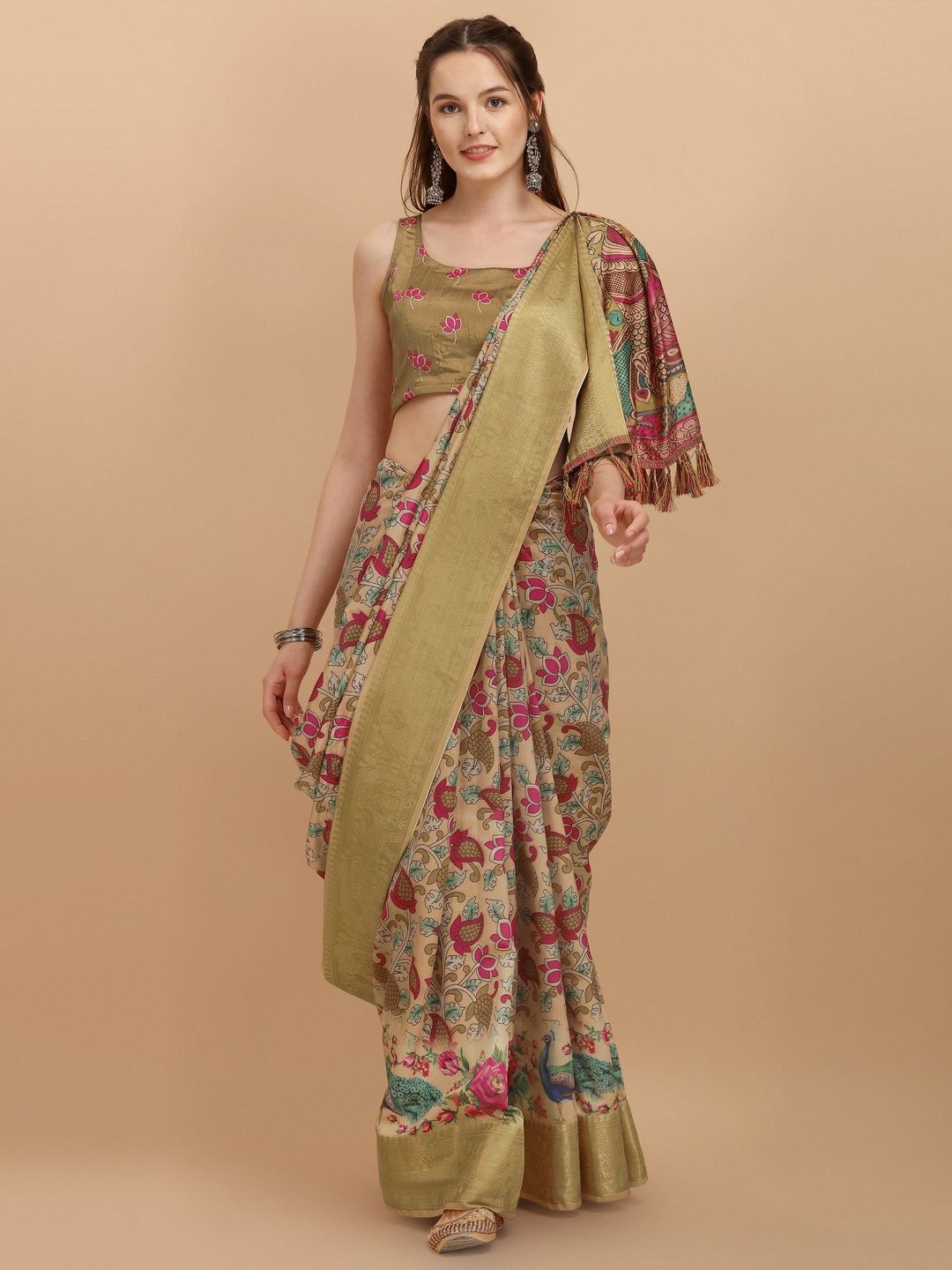 

Suha Kalamkari Zari Art Silk Saree, Beige