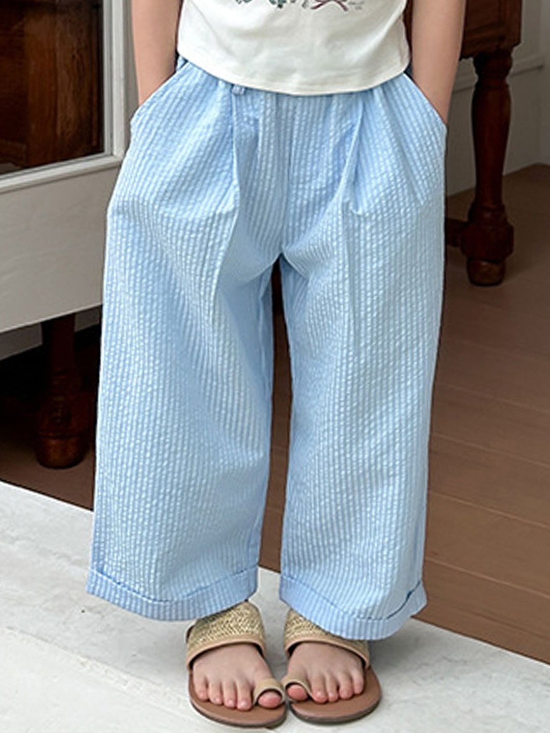 

LULU & SKY Girls Striped Straight Fit High-Rise Pleated Trousers, Blue