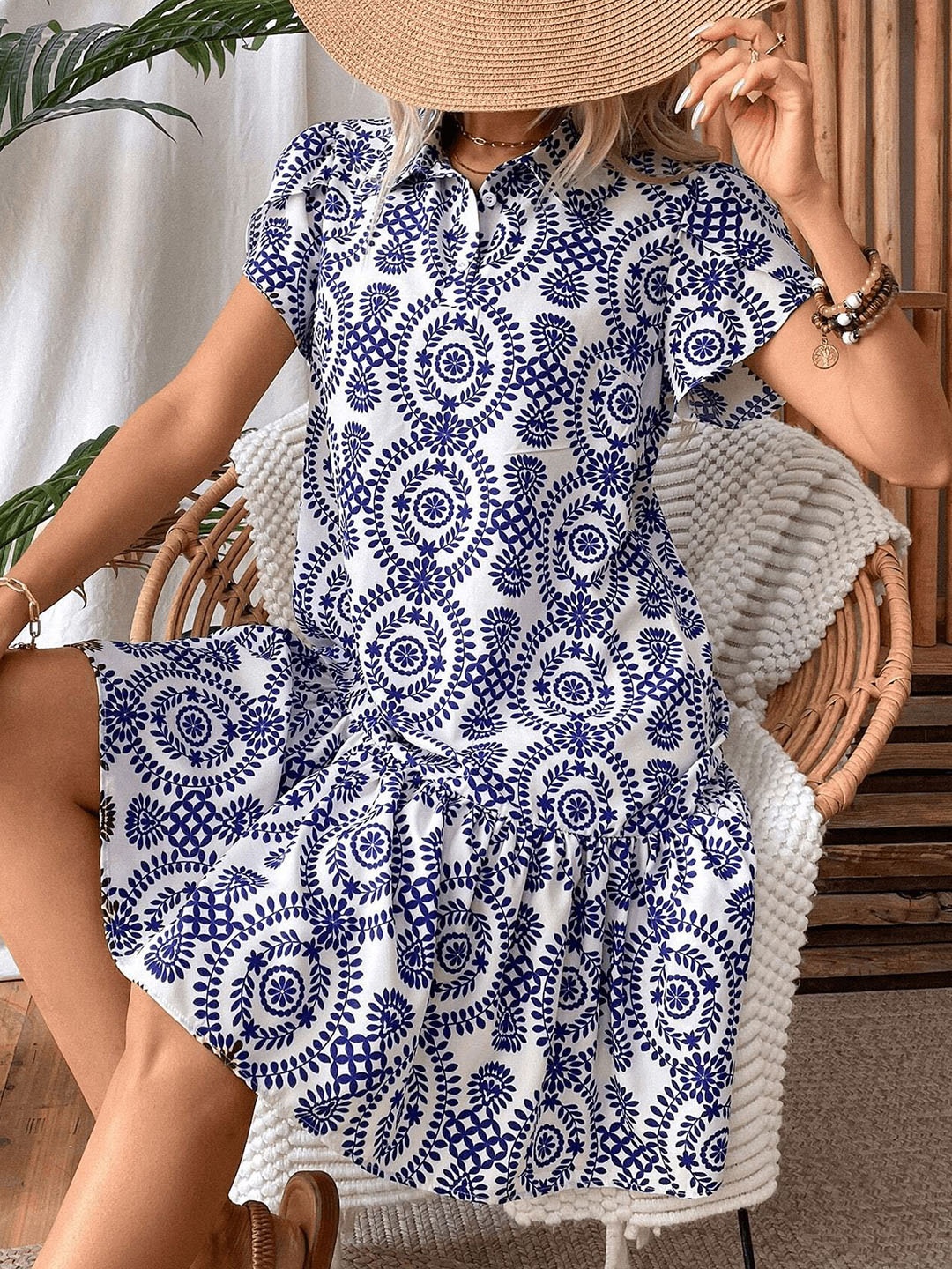 

all about you Tropical Print A-Line Dress, Blue