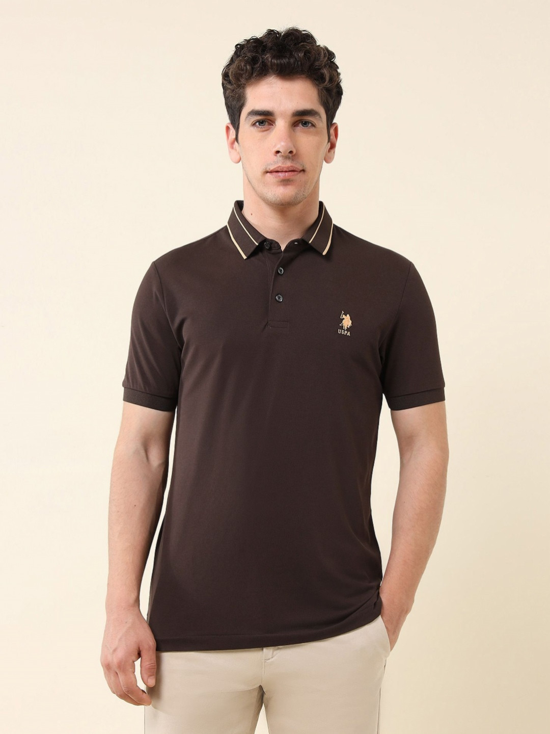 

U.S. Polo Assn. Men Polo Collar Pockets Slim Fit T-shirt, Brown
