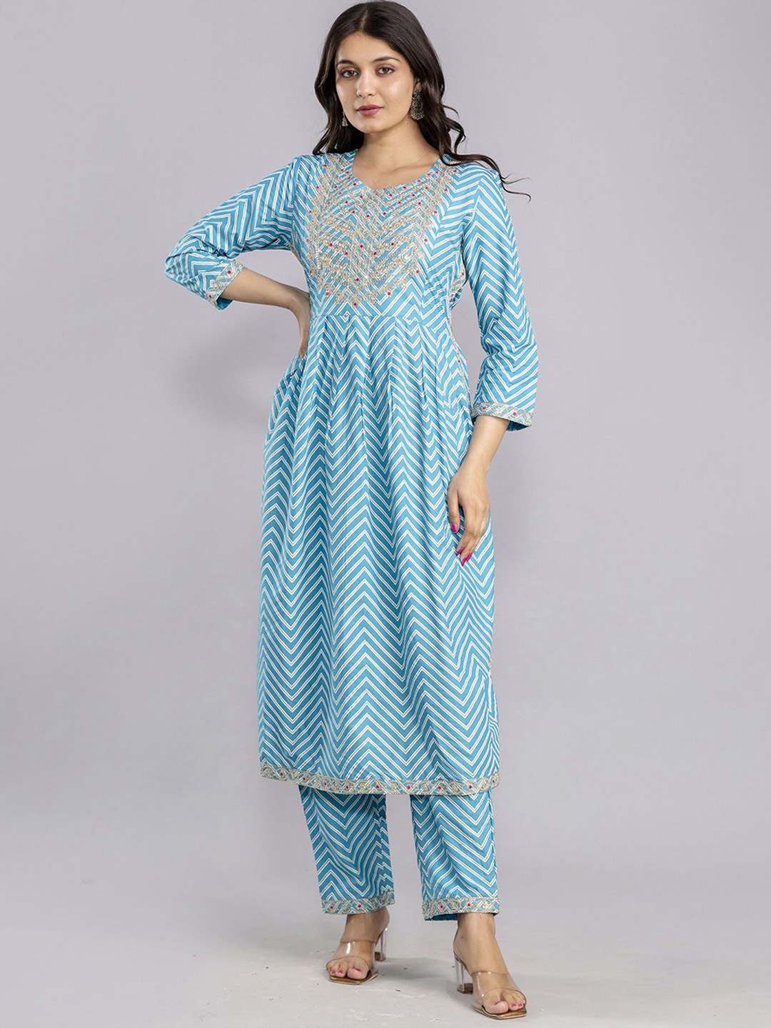 

ANNAYEMA APPARELS Women Leheriya Embroidered Regular Kurti with Pyjamas, Blue