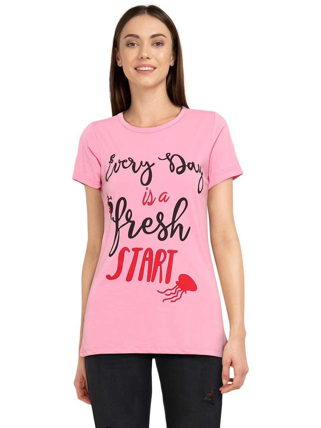 

Moda Rapido Women Printed Bio Finish Applique T-shirt, Pink