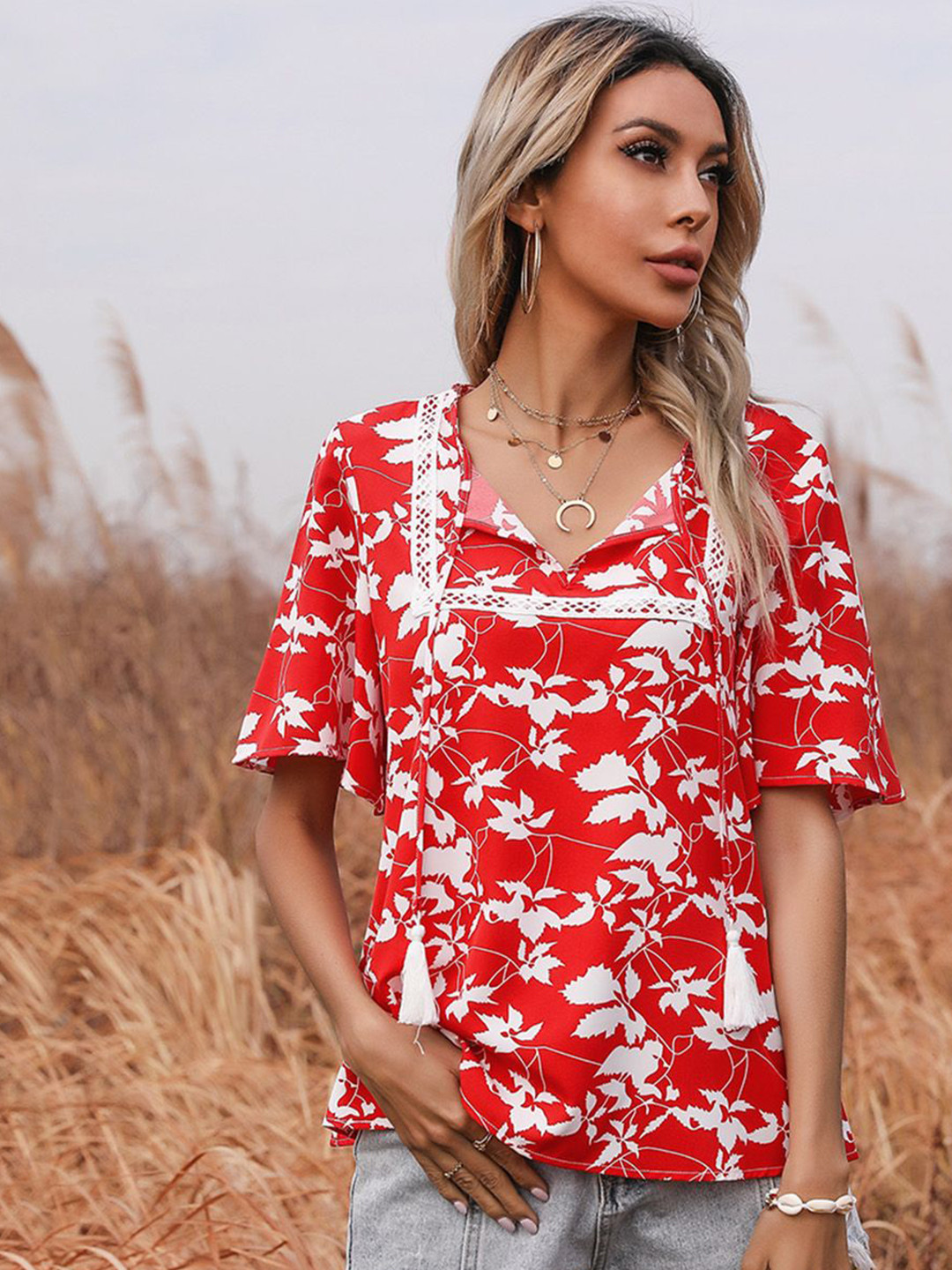 

JC Mode Floral Print Top, Red