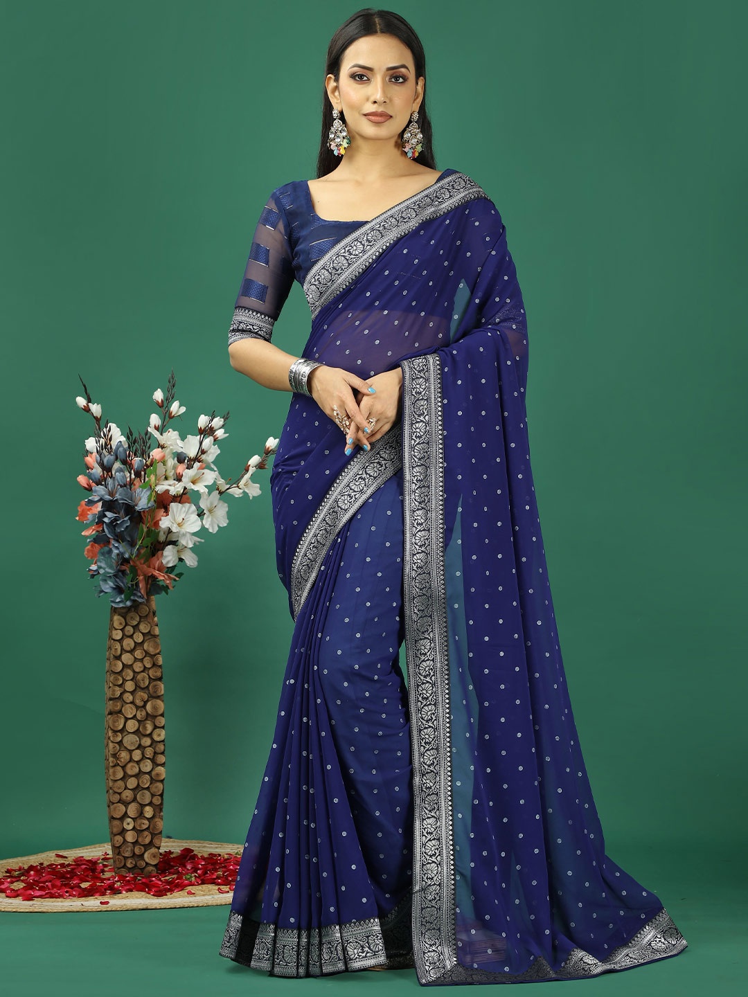 

HERE&NOW Woven Design Zari Pure Georgette Banarasi Saree, Blue