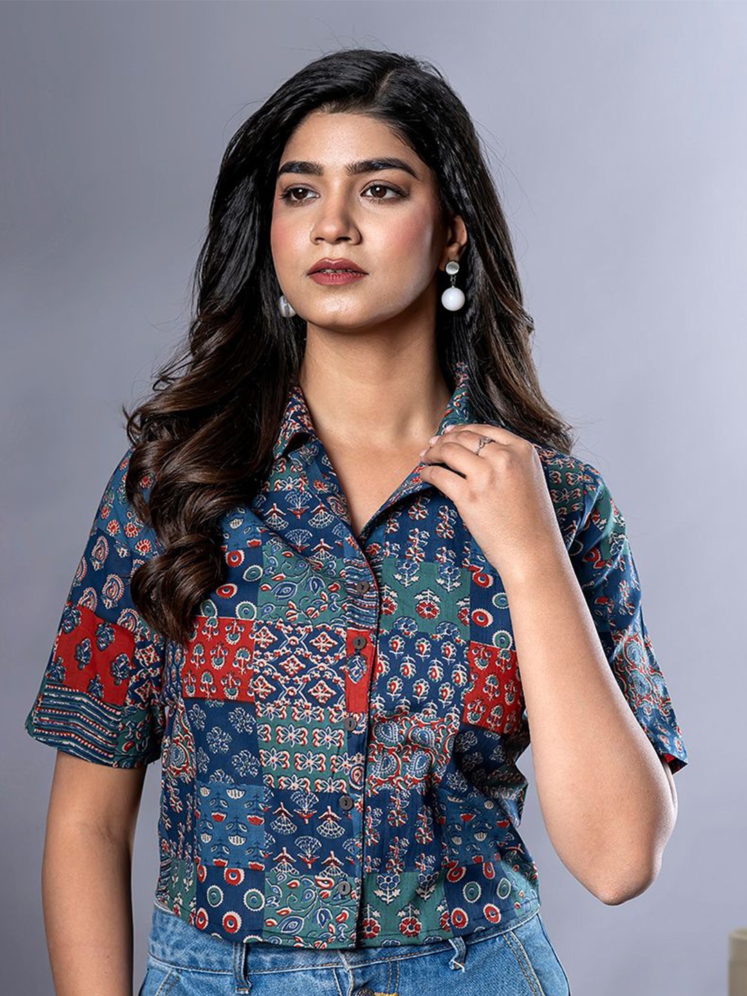 

BAESD Print Cotton Shirt Style Crop Top, Blue