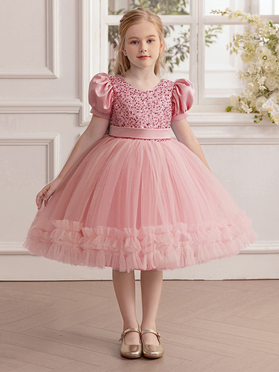 

INCLUD Embroidered Puff Sleeve Fit & Flare Dress, Pink