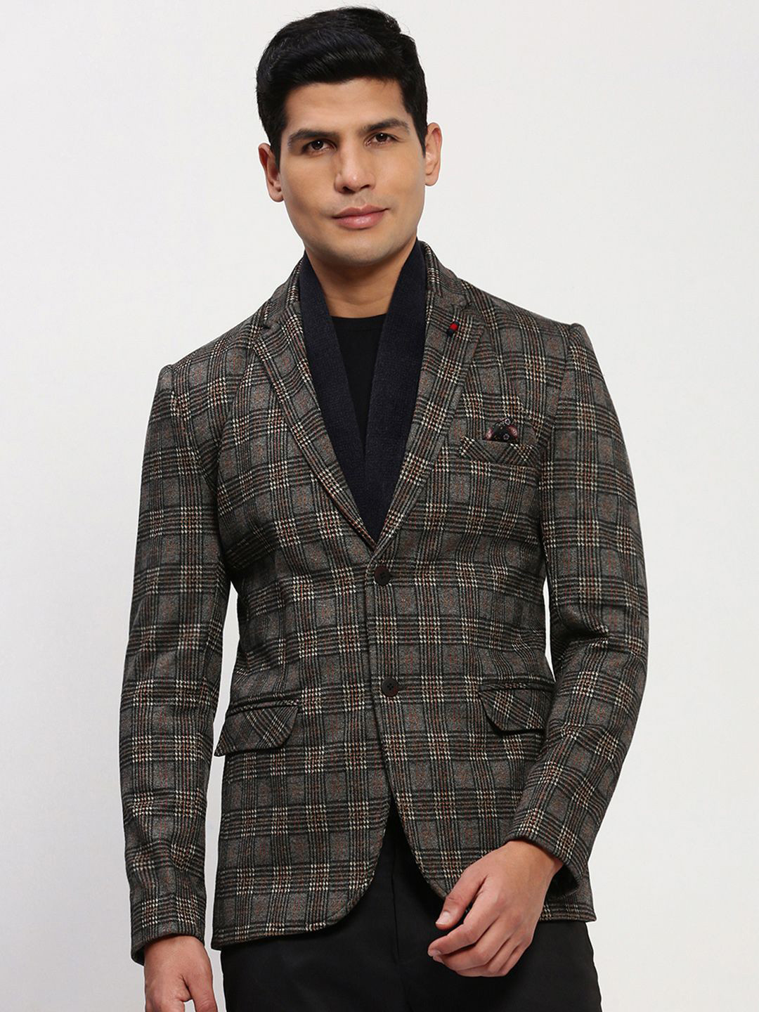 

SHOWOFF Checked Cotton Notched Collar Slim Fit Singe Breasted Blazer, Grey