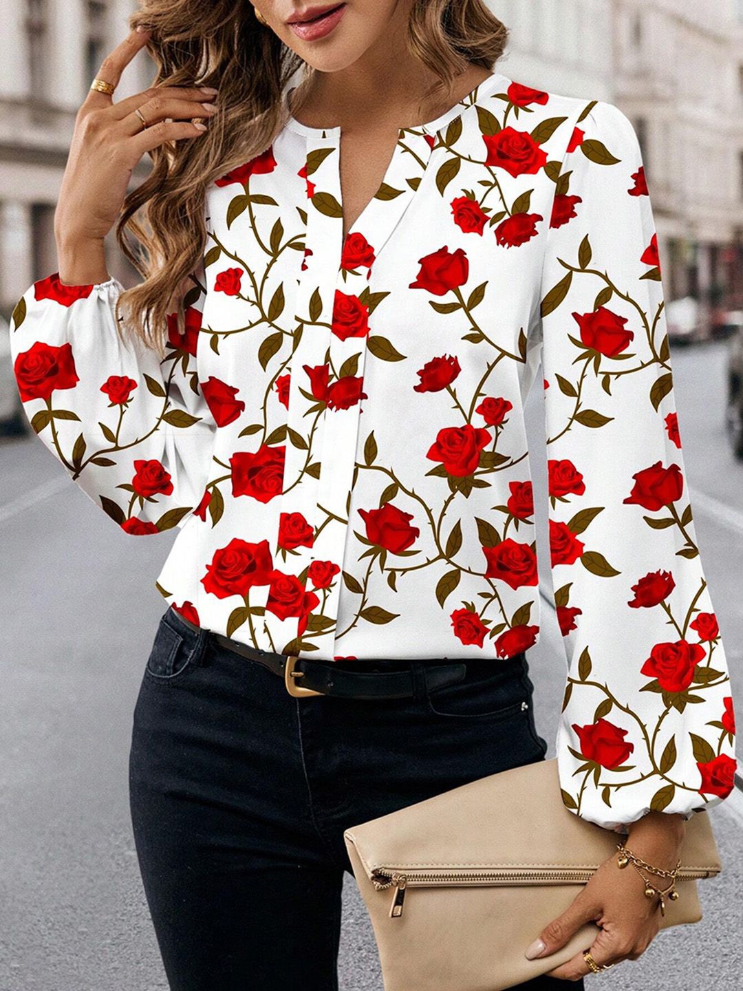 

JC Mode Floral Print Bell Sleeve Top, White