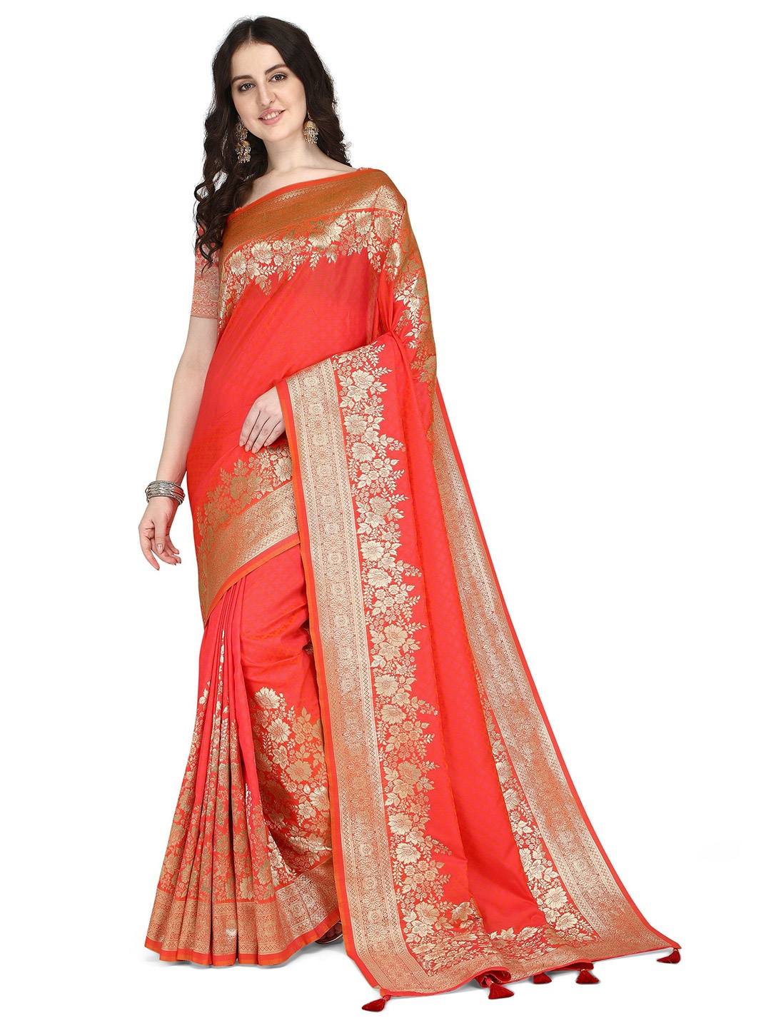

DIVASTRI Woven Design Zari Silk Blend Kanjeevaram Saree, Orange