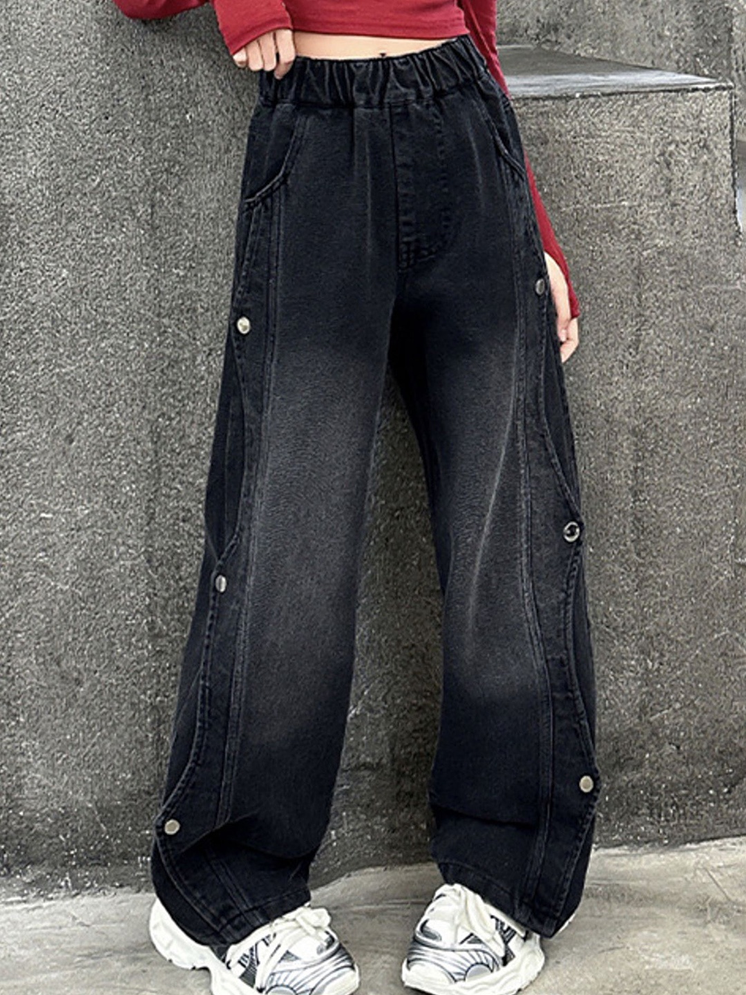 

LULU & SKY Girls Wide Leg High-Rise Low Distress Light Fade Jeans, Black