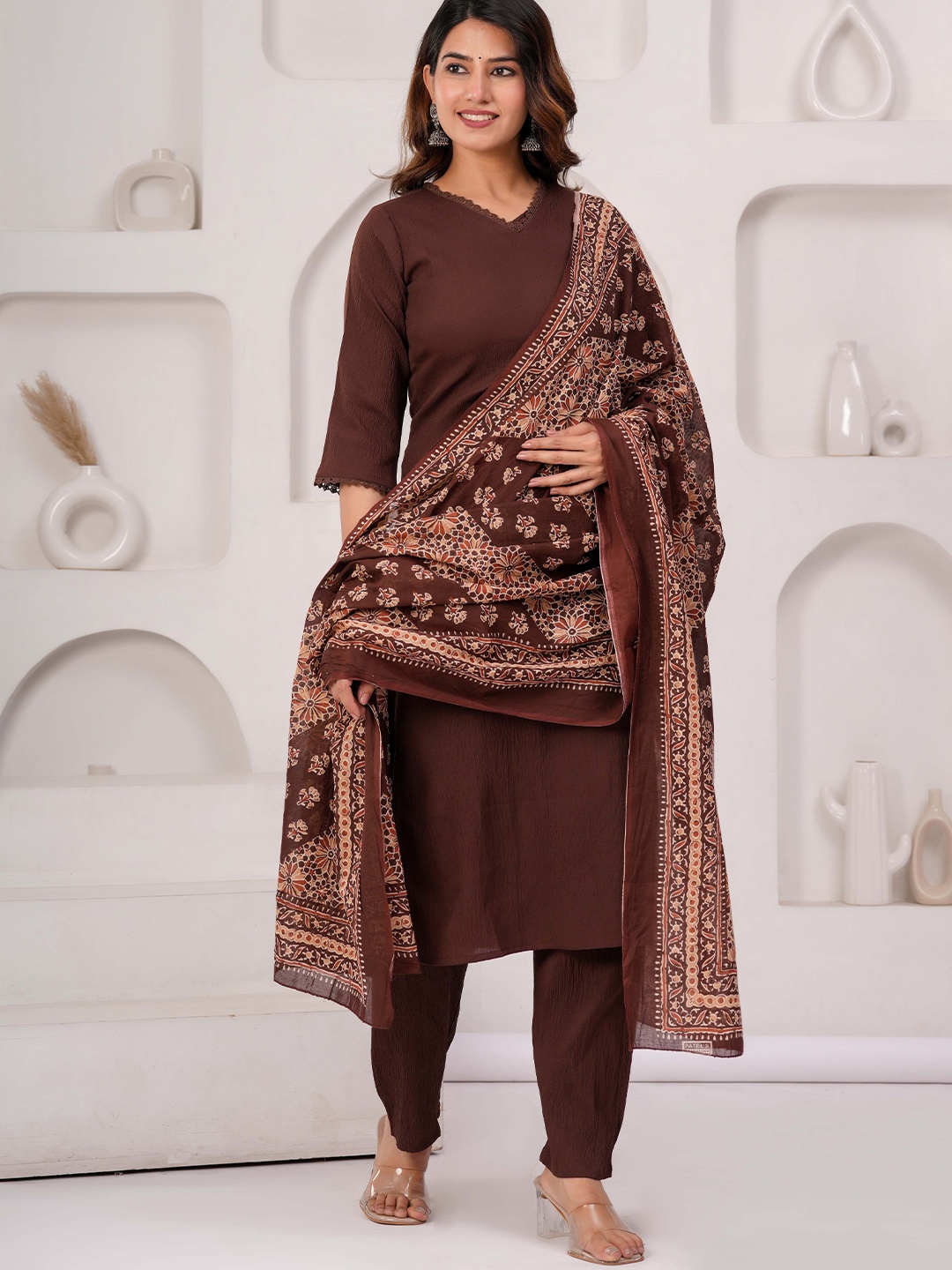 

Nayo Women Regular Kurta with Palazzos & With Dupatta, Brown