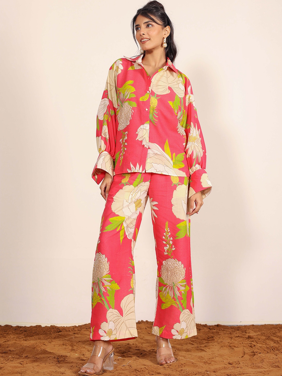 

KAORI BY SHREYA AGARWAL Floral Printed Shirt & Trousers Co-Ords, Pink