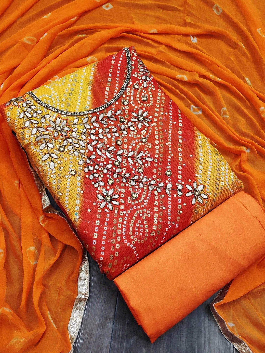 

SAINOOR Embellished Semi-Stitched Dress Material, Orange