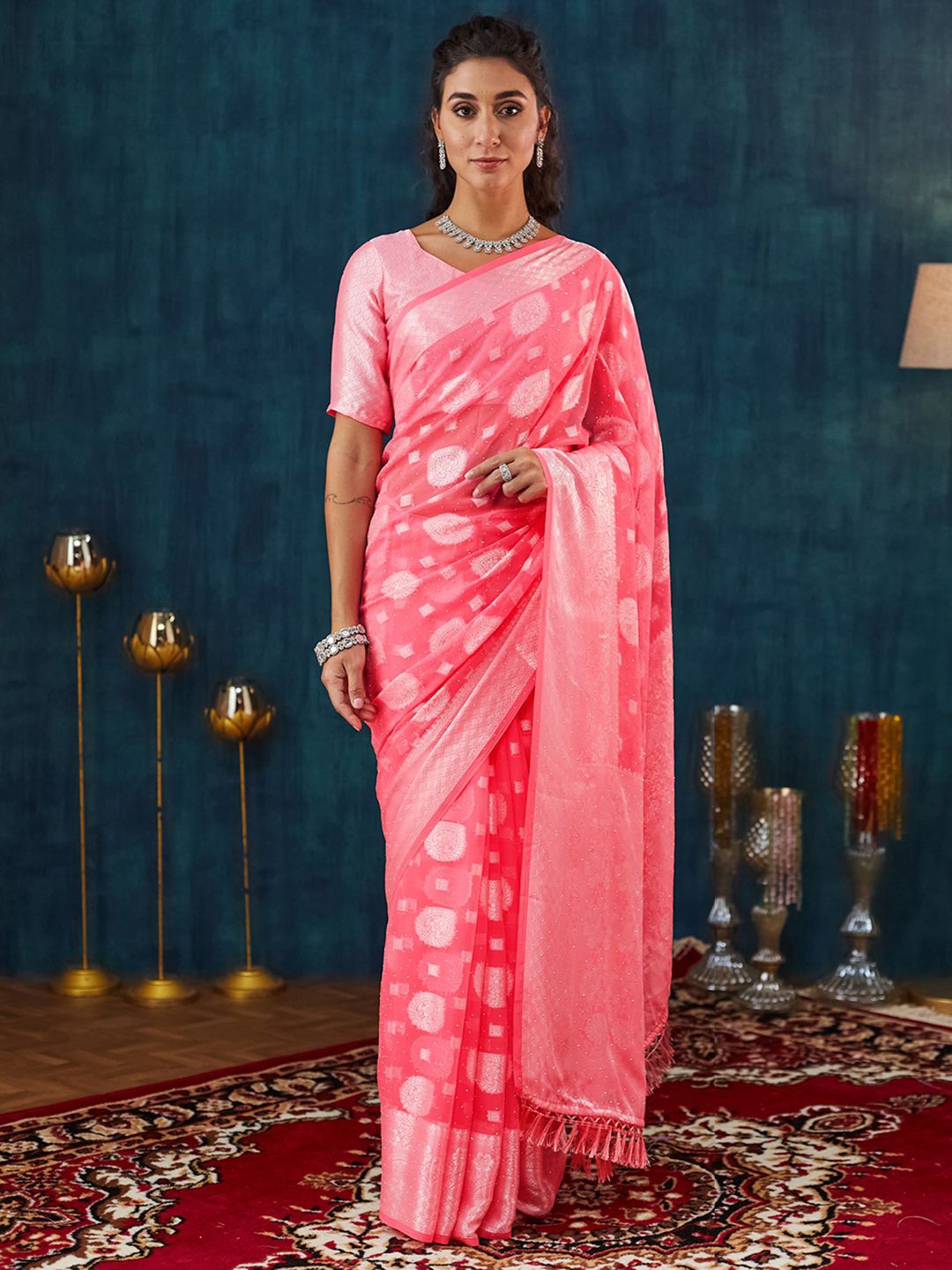 

Mitera Woven Design Zari Pure Georgette Banarasi Saree, Rose