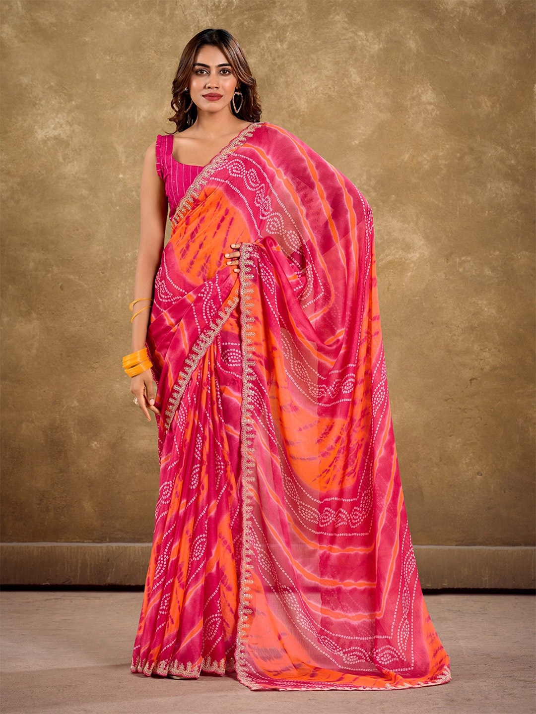 

LeeliPeeri Designer Bandhani Embroidered Poly Chiffon Saree, Pink