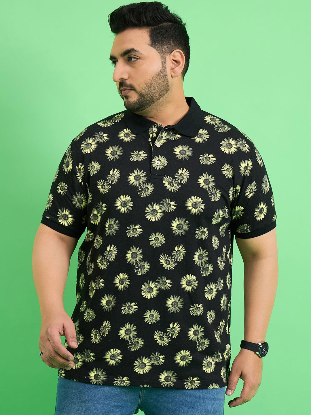 

bigbanana Men Floral Printed Polo Collar Ethnic Bio Finish Pockets T-shirt, Black