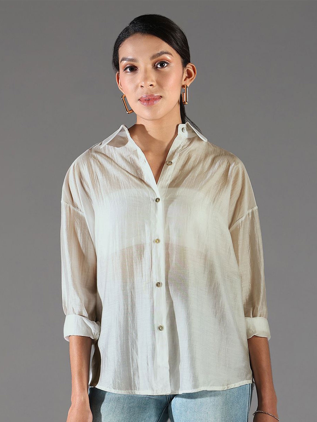 

SHOWOFF Women Comfort Semi Sheer Casual Shirt, Beige