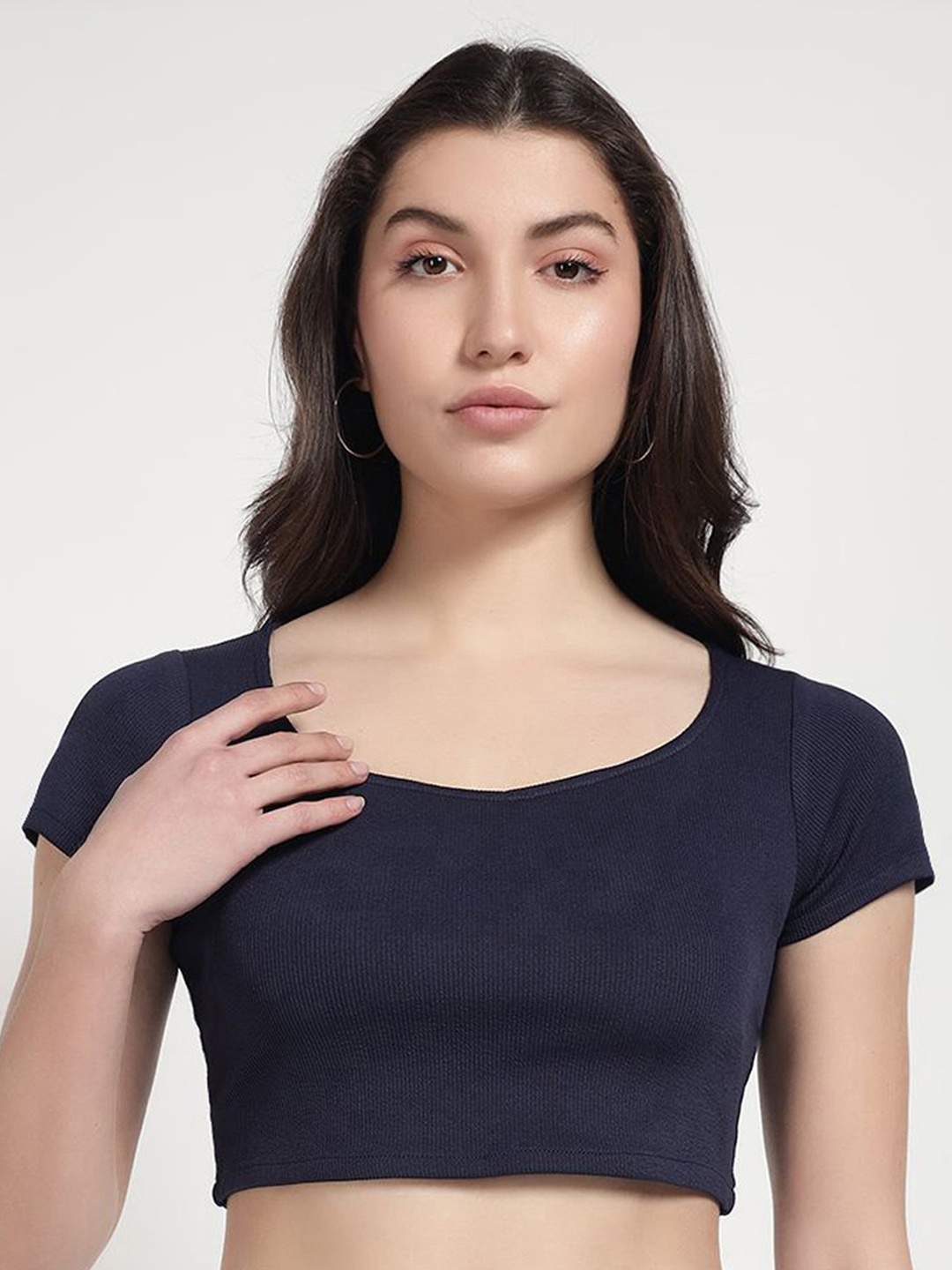

The Roadster Lifestyle Co Pure Cotton Sweetheart Neck Crop Top, Navy blue