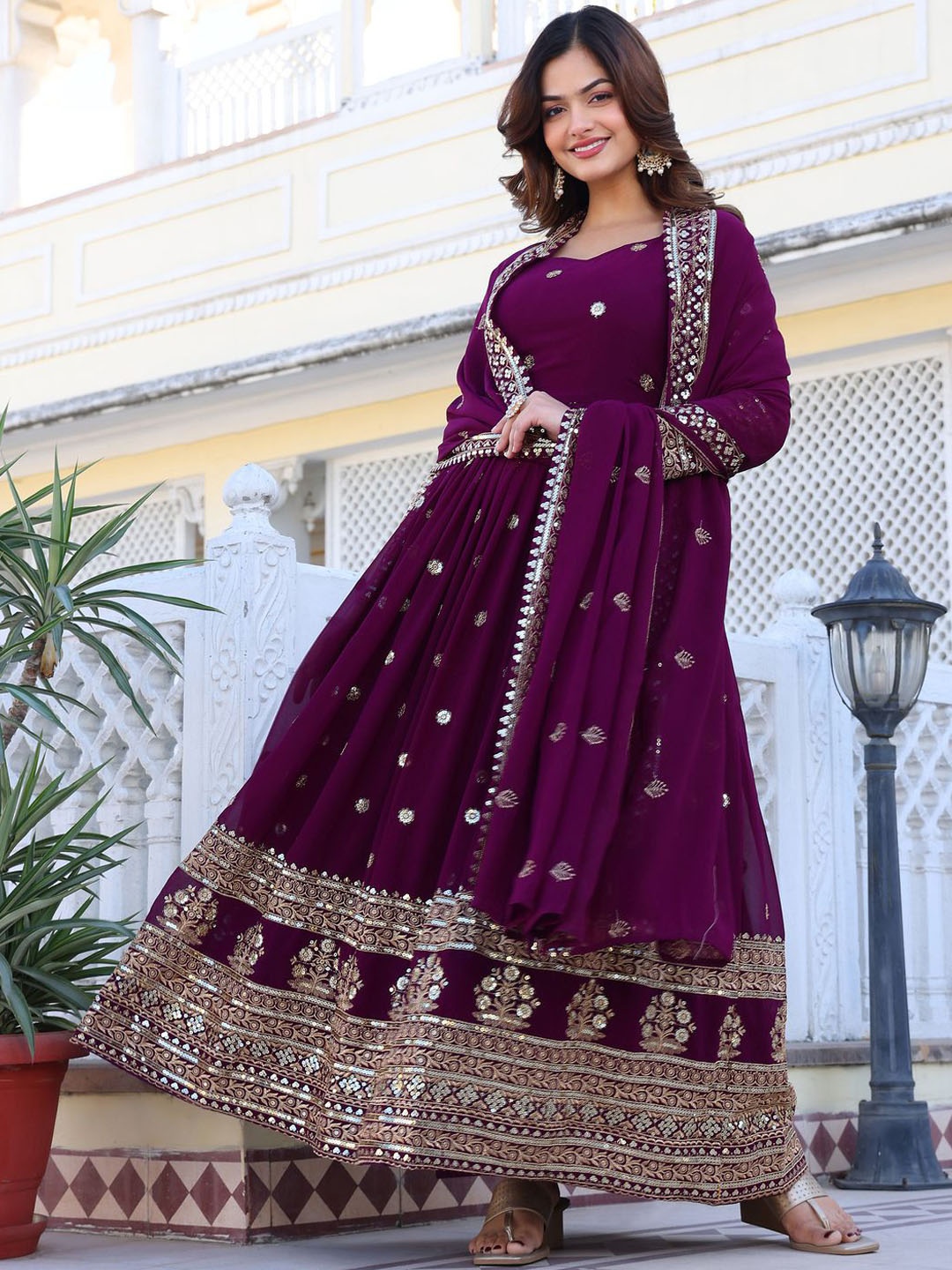 

KALINI Women Embroidered Regular Sequinned Kurta with Pyjamas & With Dupatta, Purple