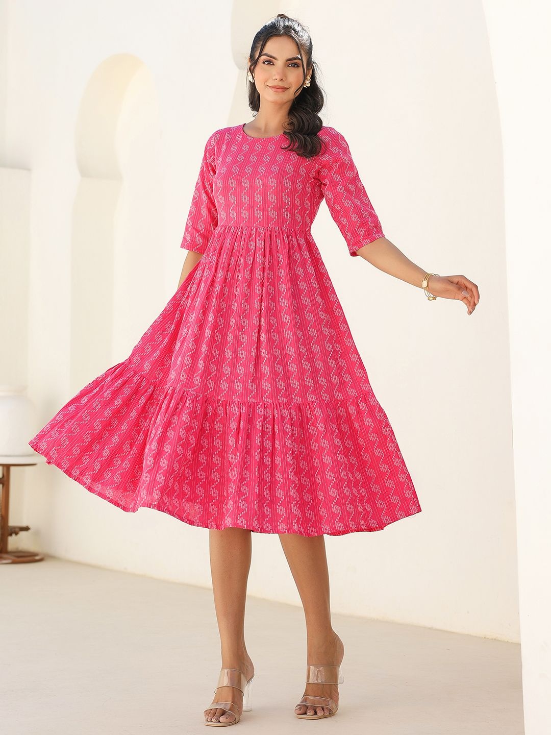 

Janasya Women Pink Pure Cotton Woven Design Tiered Dress