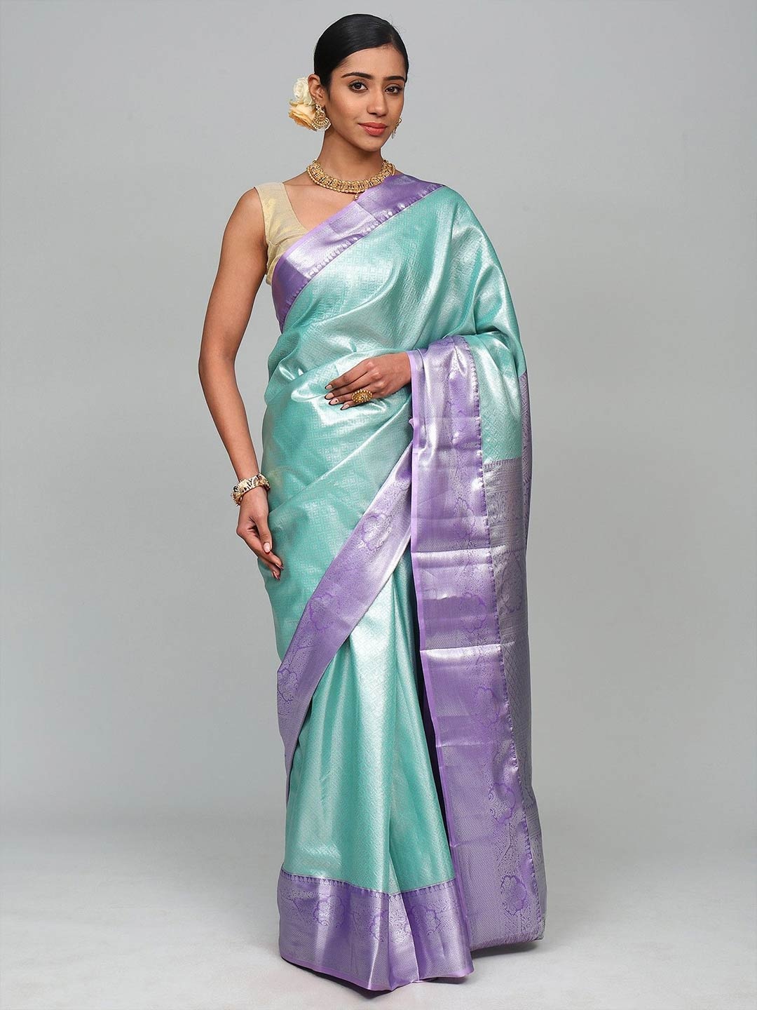

Exotic India Ethnic Motifs Zari Art Silk Bhagalpuri Saree, Green