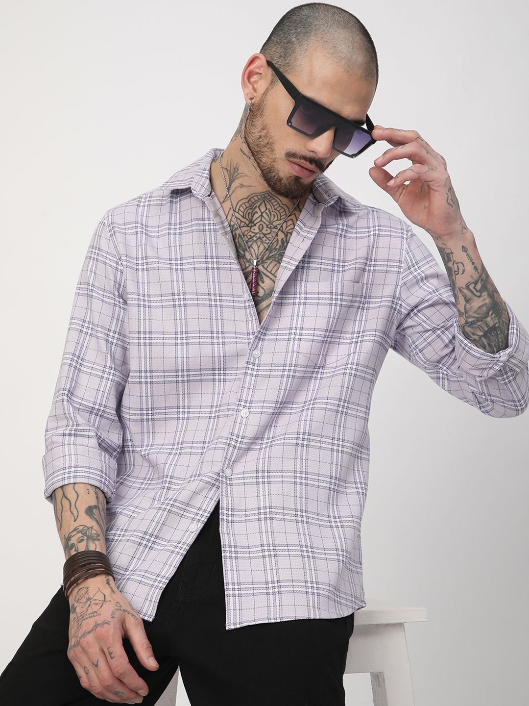 

VASTRADO Men Classic Slim Fit Opaque Checked Casual Shirt, Lavender