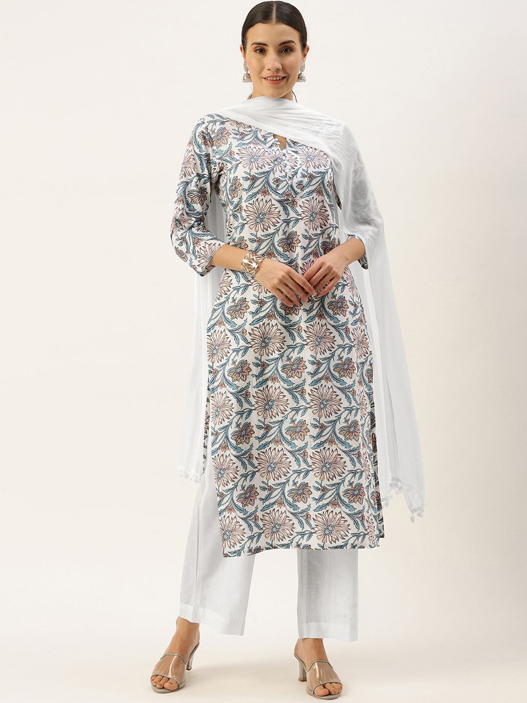 

DIVASTRI Women Floral Printed Regular Pure Cotton Kurta with Trousers, White