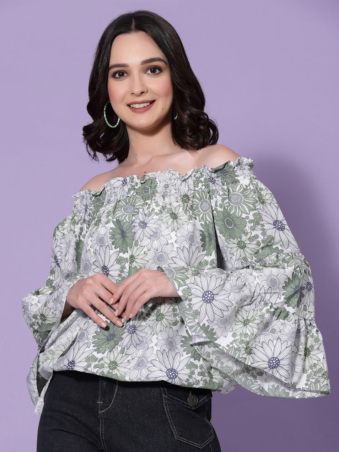 

Chemistry Floral Print Off-Shoulder Flared Sleeve Smocked Crepe Top, Green