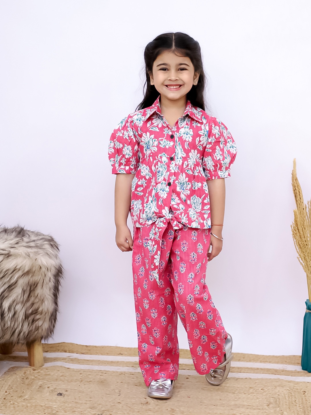 

UNBIND Girls Floral Printed Pure Cotton Shirt With Trousers Clothing Set, Pink