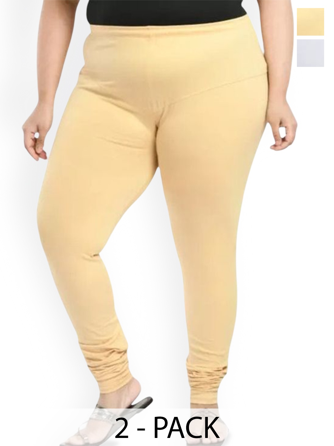 

URBAN KANYA Pack Of 2 Mid-Rise Churidar-Length Leggings, Beige