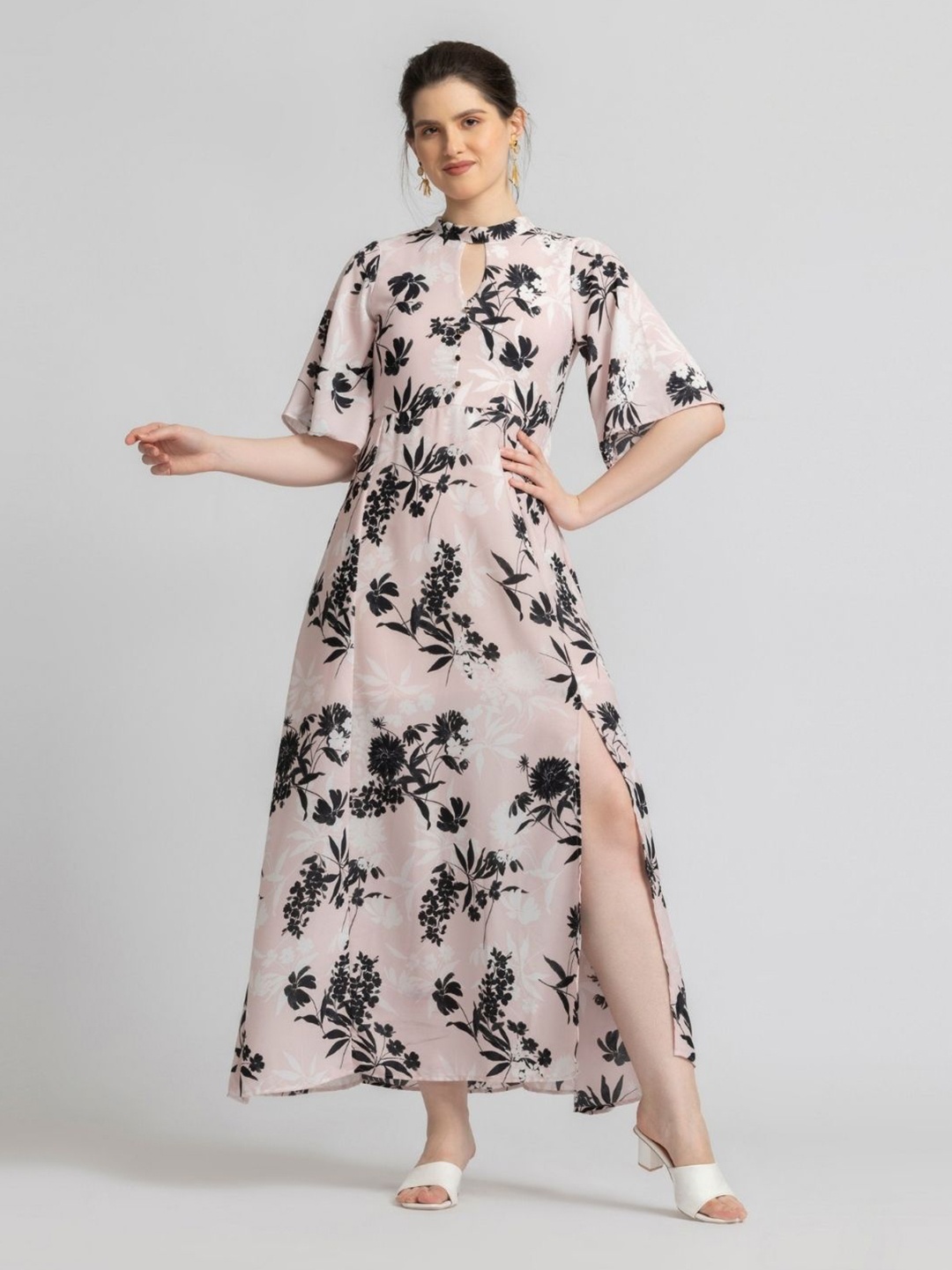 

JULO Floral Print Halter Neck Flared Sleeve Maxi Dress, Pink