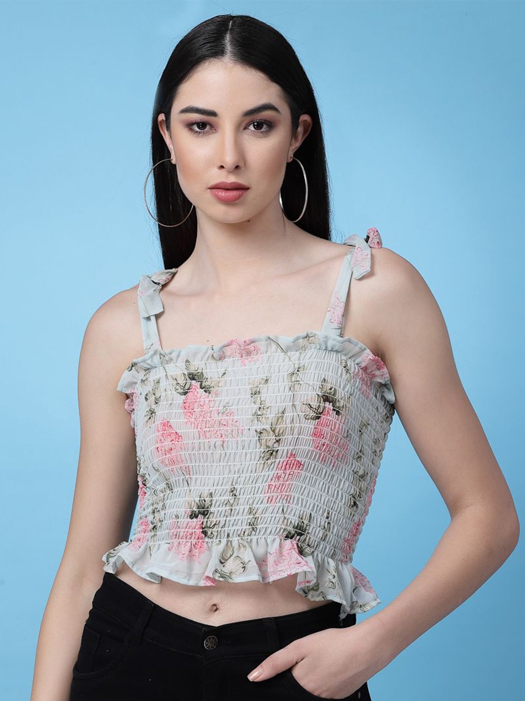 

Chemistry Floral Print Off-Shoulder Smocked Georgette Tube Crop Top, Blue