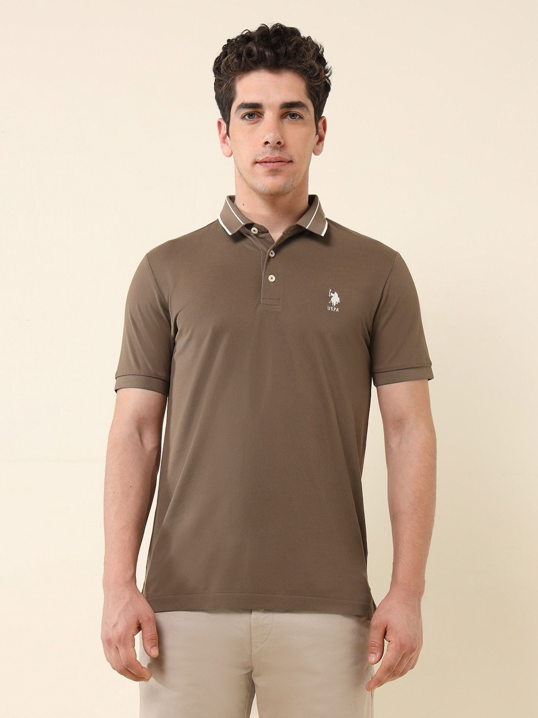 

U.S. Polo Assn. Men Polo Collar Pockets Slim Fit T-shirt, Brown