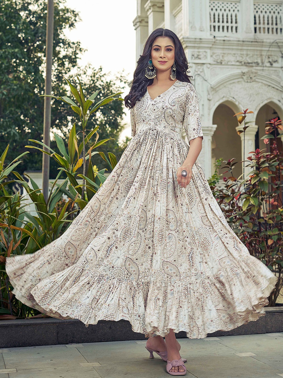 

Chandbaali Printed V-Neck Flared Maxi Dress, White