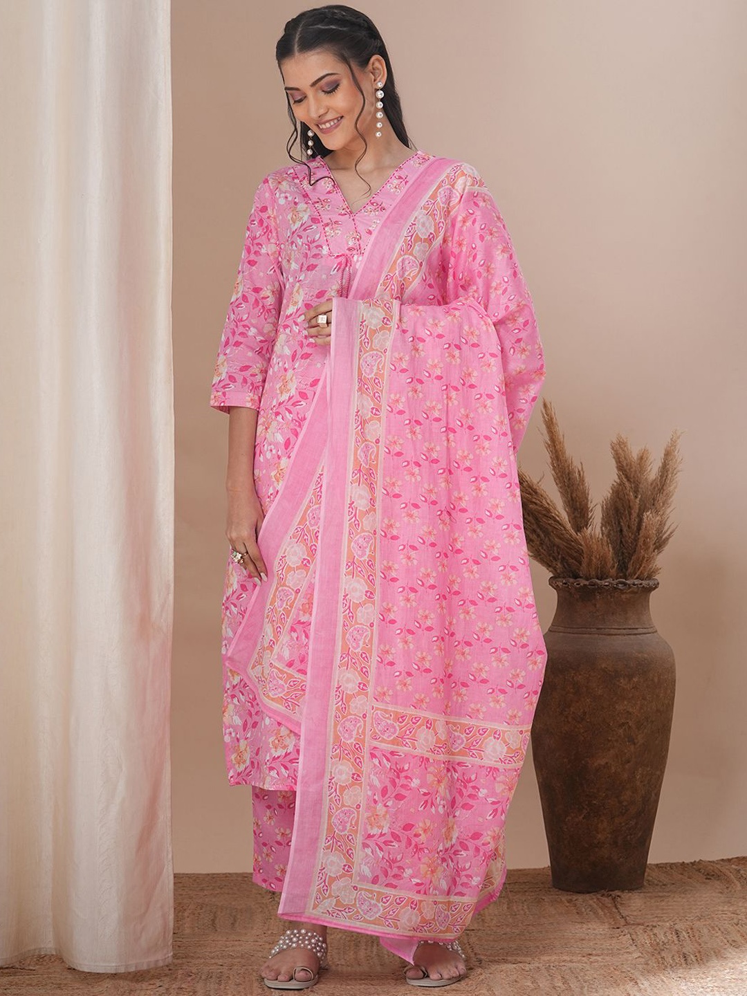 

FASHOR Women Ethnic Motifs Printed Regular Thread Work Pure Cotton Kurta with Trousers & With Dupatta, Pink